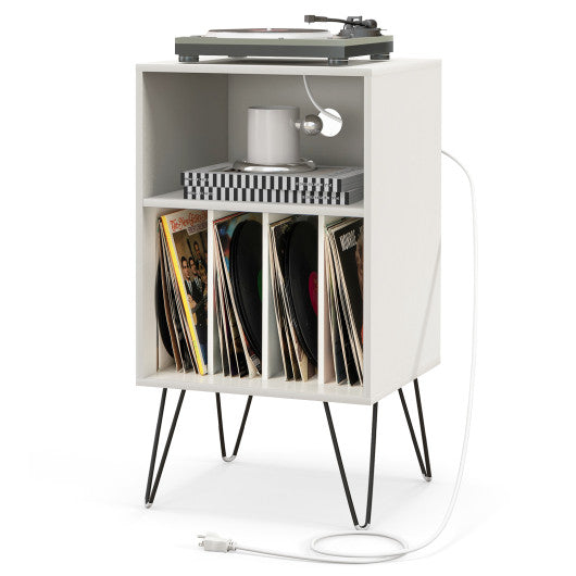 Record Player Stand with Charging Station for Living Room Bedroom-White