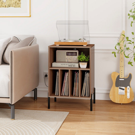 Record Player Stand with Record Storage Shelf and Charging Station-Walnut