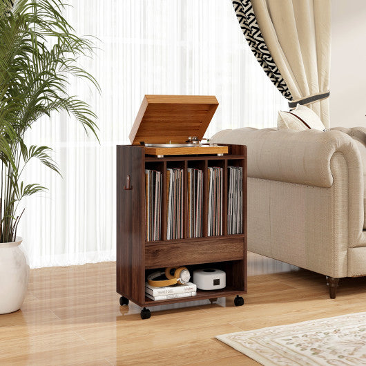 Record Rolling Turntable Player Stand with Drawer-Brown