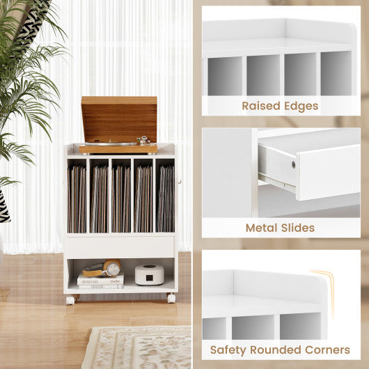 Record Rolling Turntable Player Stand with Drawer-White