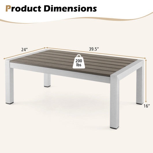 Modern Rectangular Patio Coffee Table with Plastic Wood Tabletop and Rustproof Aluminum Frame-Gray