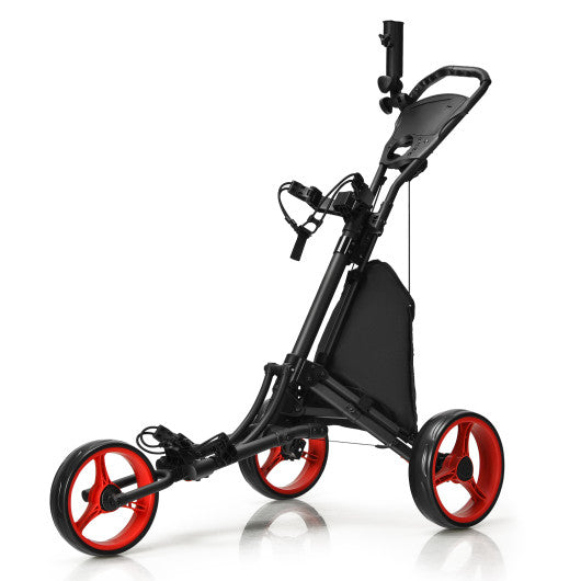 Folding 3 Wheels Golf Push Cart with Bag Scoreboard Adjustable Handle-Red
