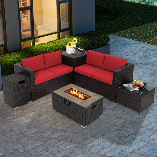 6 Pieces Outdoor Wicker Furniture Set with 32 Inch Propane Fire Pit Table-Red