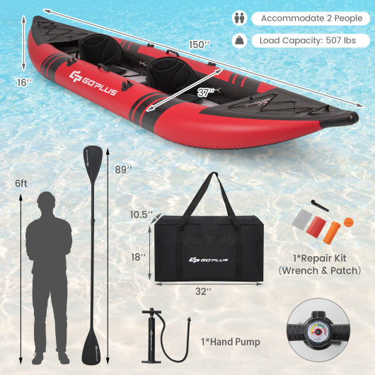 Inflatable 2-person Kayak Set with Aluminium Oars and Repair Kit-Red