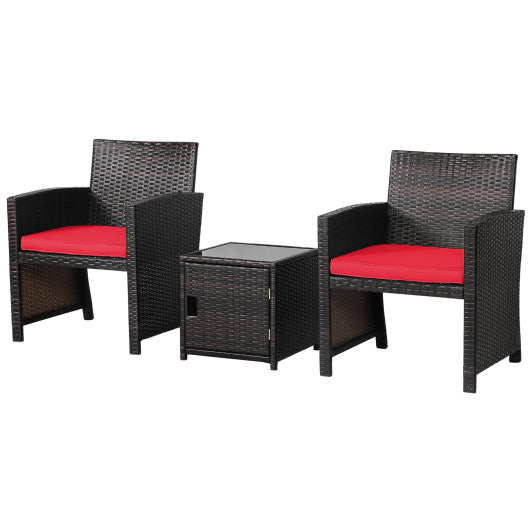 3 Pieces Patio Wicker Furniture Set with Storage Table and Protective Cover-Red