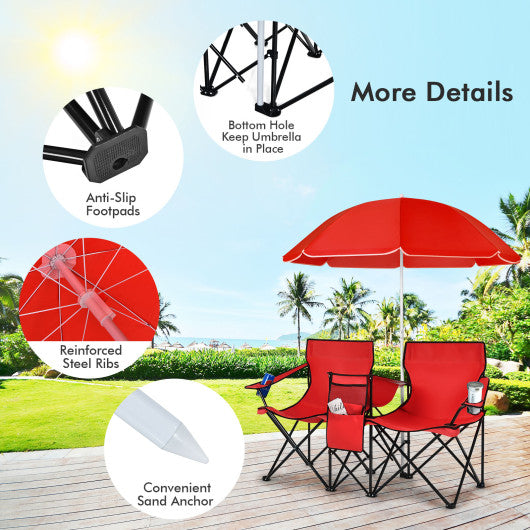 Portable Folding Picnic Double Chair With Umbrella-Red