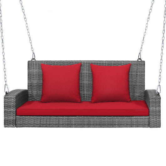 2-Person Patio PE Wicker Hanging Porch Swing Bench Chair Cushion 800 Pounds-Red