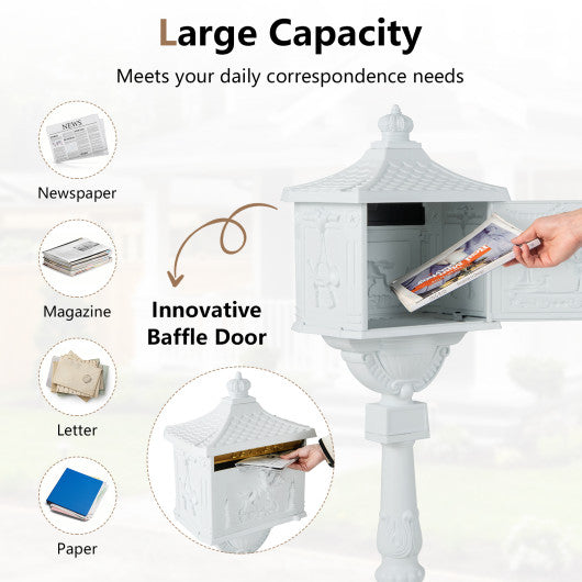 Retro Cast Aluminum Mailbox Security Postal Letter Box with Baffle Door-White