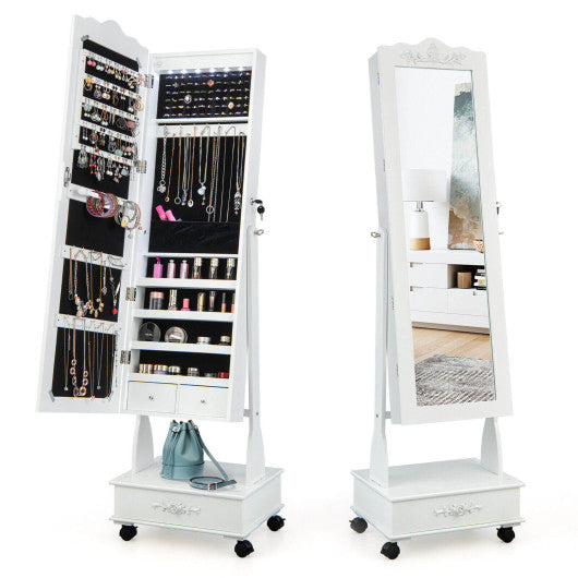 Rolling Floor Standing Mirrored Jewelry Armoire with Lock and Drawers-White