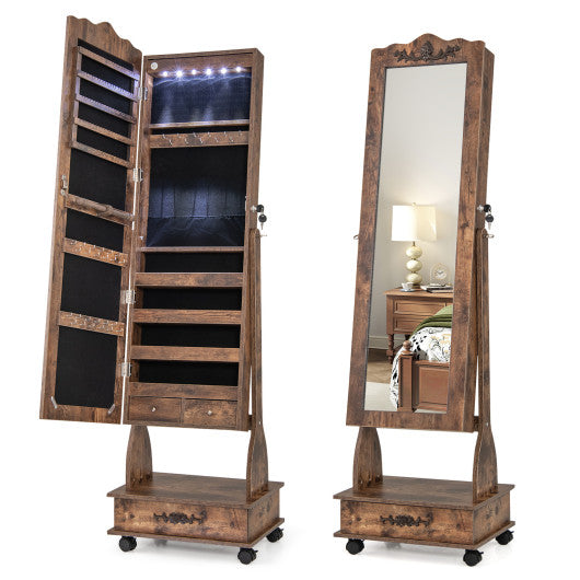 Rolling Floor Standing Mirrored Jewelry Armoire with Lock and Drawers-Rustic Brown