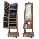 Rolling Floor Standing Mirrored Jewelry Armoire with Lock and Drawers-Rustic Brown