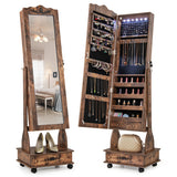 Rolling Floor Standing Mirrored Jewelry Armoire with Lock and Drawers-Rustic Brown