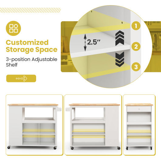 Kitchen Island Trolley Cart on Wheels with Storage Open Shelves and Drawer-White
