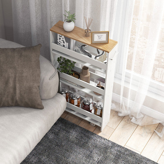 Narrow Mobile Serving Cart with Open Shelves for Kitchen Bathroom Living Room-White