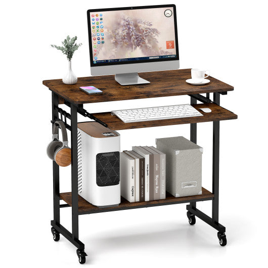 Rolling Laptop Table with Pull-out Keyboard Tray and Hooks-Rustic Brown