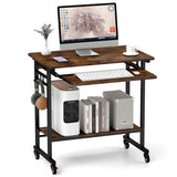 Rolling Laptop Table with Pull-out Keyboard Tray and Hooks-Rustic Brown