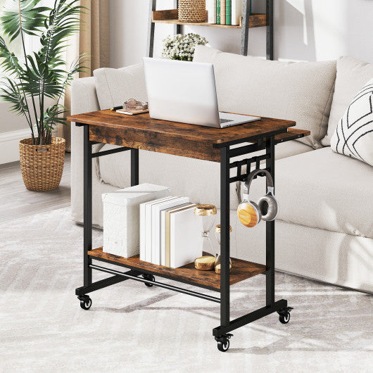 Rolling Laptop Table with Pull-out Keyboard Tray and Hooks-Rustic Brown