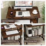 Rolling Laptop Table with Pull-out Keyboard Tray and Hooks-Rustic Brown