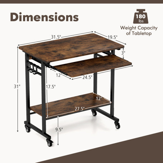 Rolling Laptop Table with Pull-out Keyboard Tray and Hooks-Rustic Brown