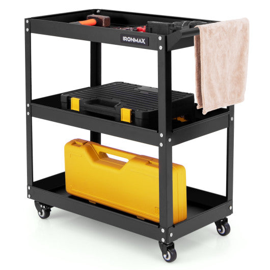 3-Tier Rolling Tool Cart with Spacious Shelves  4 Universal Wheels and 2 Brakes-Black