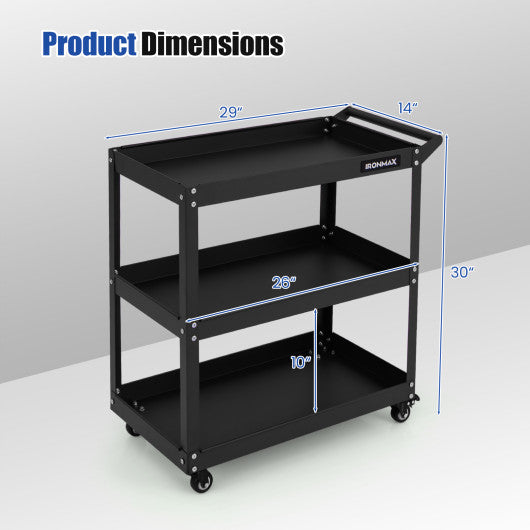 3-Tier Rolling Tool Cart with Spacious Shelves  4 Universal Wheels and 2 Brakes-Black