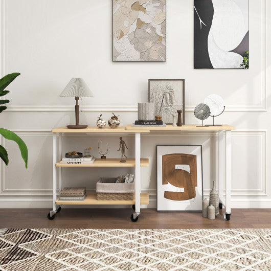 360° Rotating Sofa Side Table with Storage Shelves and Wheels-Natural