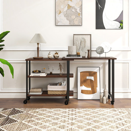 360° Rotating Sofa Side Table with Storage Shelves and Wheels-Walnut