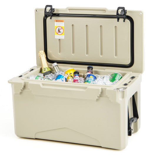 Rotomolded Cooler with Integrated Cup Holders and Bottle Opener-Tan