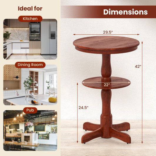 2-Tier Round High Top Bar Table with Storage Shelf and Pedestal Base-Espresso