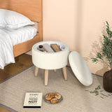 Round Storage Ottoman with Rubber Wood Legs and Adjustable Foot Pads-Beige
