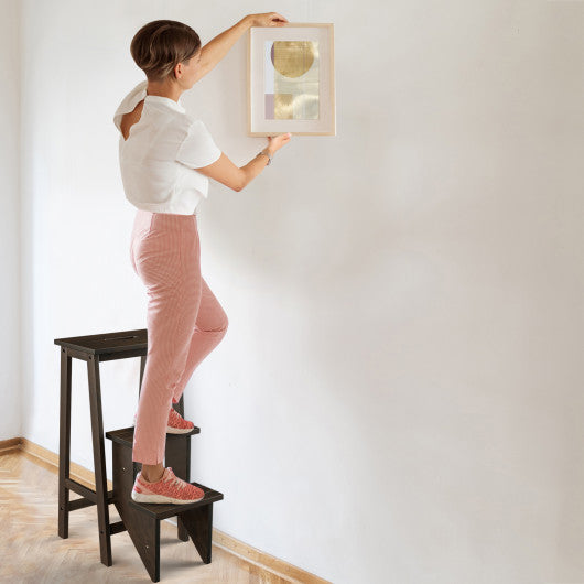 3-in-1 Rubber Wood 3 Tier Folding Step Stool Ladder Storage Shelf-Brown