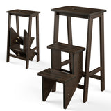 3-in-1 Rubber Wood 3 Tier Folding Step Stool Ladder Storage Shelf-Brown