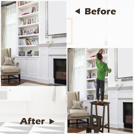 3-in-1 Rubber Wood 3 Tier Folding Step Stool Ladder Storage Shelf-Brown