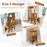 3-in-1 Rubber Wood 3 Tier Folding Step Stool Ladder Storage Shelf-Coffee