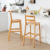 Set of 2 28 Inch Rubber Wood Armless Bar Stools with Backrest and Footrest-Natural