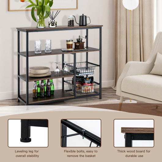 4-Tier Industrial Kitchen Baker's Rack with 2 Wire Baskets-Rustic Brown