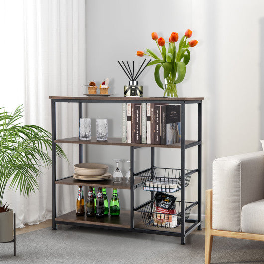 4-Tier Industrial Kitchen Baker's Rack with 2 Wire Baskets-Rustic Brown