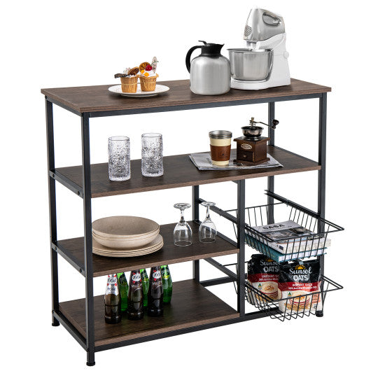 4-Tier Industrial Kitchen Baker's Rack with 2 Wire Baskets-Rustic Brown