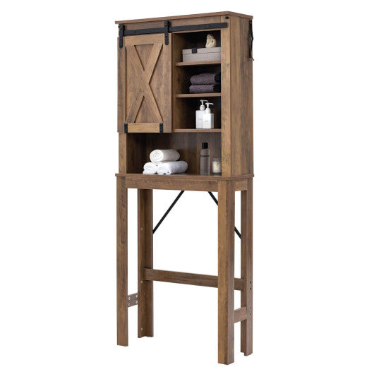 Wooden Bathroom Storage Cabinet with Sliding Barn Door and 3-level Adjustable Shelves-Rustic Brown