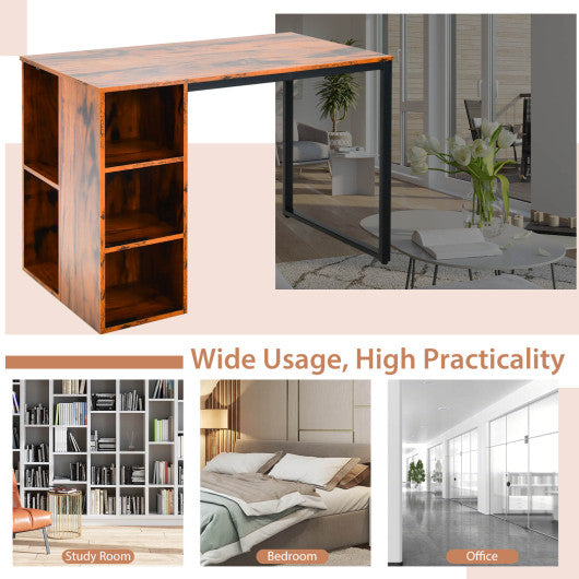 Computer Desk with 5 Side Shelves and Metal Frame-Rustic Brown