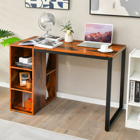 Computer Desk with 5 Side Shelves and Metal Frame-Rustic Brown