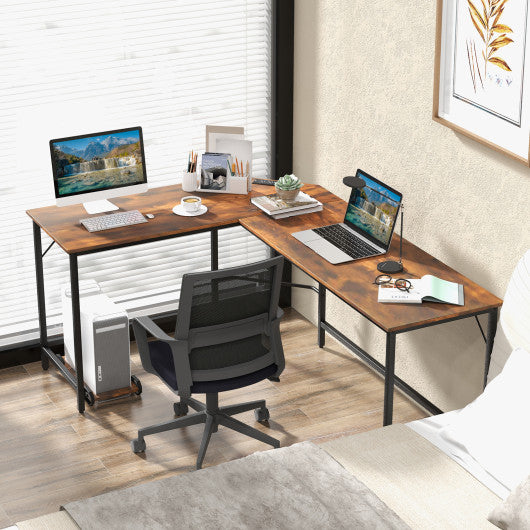 L-Shaped Computer Desk with CPU Stand Power Outlets and USB Ports-Rustic Brown
