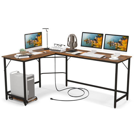L-Shaped Computer Desk with CPU Stand Power Outlets and USB Ports-Rustic Brown