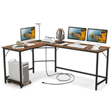 L-Shaped Computer Desk with CPU Stand Power Outlets and USB Ports-Rustic Brown
