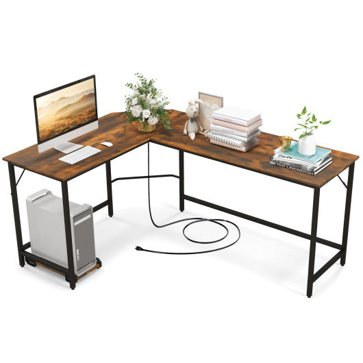 L-Shaped Computer Desk with CPU Stand Power Outlets and USB Ports-Rustic Brown