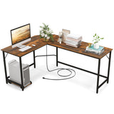 L-Shaped Computer Desk with CPU Stand Power Outlets and USB Ports-Rustic Brown