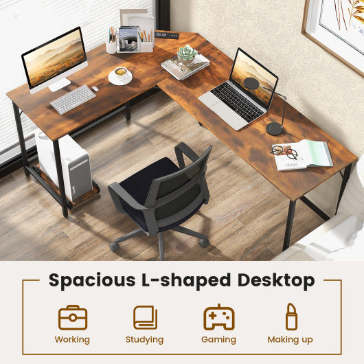 L-Shaped Computer Desk with CPU Stand Power Outlets and USB Ports-Rustic Brown