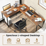 L-Shaped Computer Desk with CPU Stand Power Outlets and USB Ports-Rustic Brown
