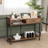 Long Console Table with Drawer and Metal Frame-Rustic Brown