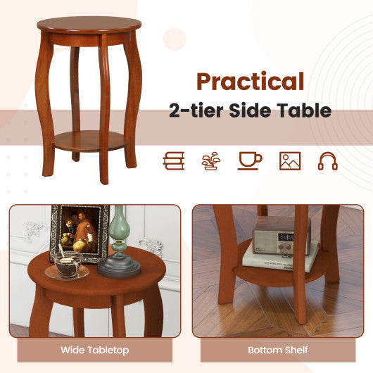 Set of 2 15 Inch 2-Tier Round End Table with Storage Shelf-Walnut